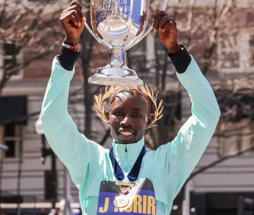 John Korir with Boston Marathon trophy